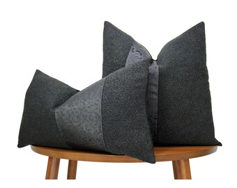 All Black Boucle Pillow | Bouclé & Gunmetal Abstract Tiled Leather Accent | Luxe Boucle Fabric | Vintage-Inspired Design for Modern Elegance