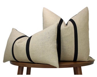 Beige & Black Linen Pillow Cover | Minimalist Linen Throw Pillow | Striped Farmhouse Accent | Taupe Coastal Décor || Inserts Available