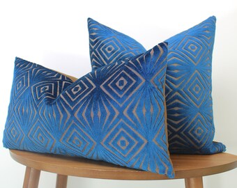 Geometric Cut Velvet Pillow Cover → Royal Blue & Taupe | Modern Living Room | Textured Blue Decor | LUMBAR SIZES AVAILABLE