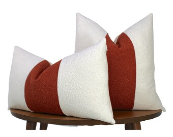 White & Terracotta Red Textured Boucle Pillow | Luxe Zara Tweed Boucle Fabric | Vintage-Inspired Design for Modern Elegance