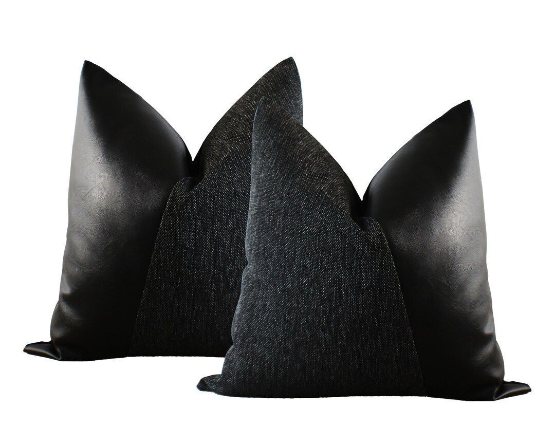 SET of 2 | All Black Pillow Covers | Textured Throw Pillow + Black Faux ...