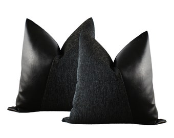 SET of 2 | All Black Pillow Covers | Textured Throw Pillow + Black Faux Leather | Minimalist Style ||| Lumbar Sizes +  Inserts Available