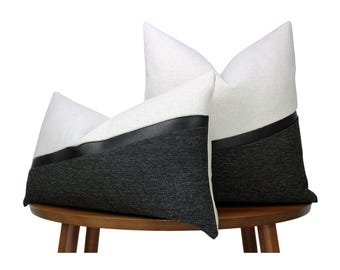 Modern Black & White Décor → White and Black Textured Throw Pillow + Muted Black Faux Leather Accent | Pillow Cover |+ LUMBAR SIZES