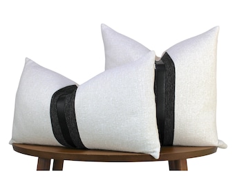 White, Black, & Black Pillow Cover → Textured Throw Pillow with Muted Black Faux Leather Stripe | Glam Black and White Décor ||