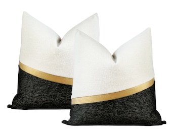 SET of 2 | Textured White and Black Throw Pillow with Muted Gold Faux Leather Accent ||| Lumbar Size & Inserts Available