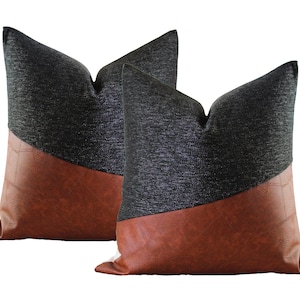 SET of 2 | Black Texture + Brown Faux Leather Colorblock Pillow Covers | Rustic Throw Pillow ||| Lumbar Sizes + Pillow Insert Available
