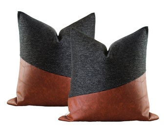 SET of 2 | Black Texture + Brown Faux Leather Colorblock Pillow Covers | Rustic Throw Pillow ||| Lumbar Sizes + Pillow Insert Available