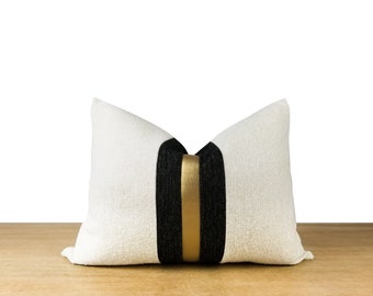 White Black Gold Pillow Cover Textured Throw Pillow With Muted Gold Faux Leather Stripe Glam Black and White Decor LUMBAR SIZES Etsy
