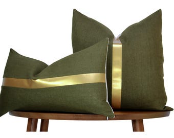 Olive Green Pillow Cover with Gold Leather Stripe | Green Linen + Faux Leather Stripe | Glam Decor ||| Lumbar Sizes + Inserts Available