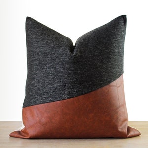 Black & Leather Pillow Cover | Brown Faux Leather Colorblock | Rustic Throw Pillow ||| Square and Lumbar Sizes + Pillow Insert Available