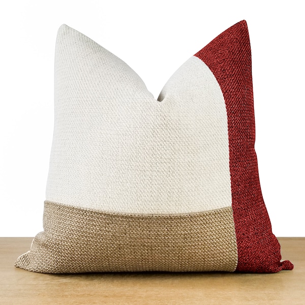 Red Colorblock Pillow Cover | White & Beige Textured Throw Pillow | Red Decor |  Burgundy Modern Minimalist || Pillow Inserts Available