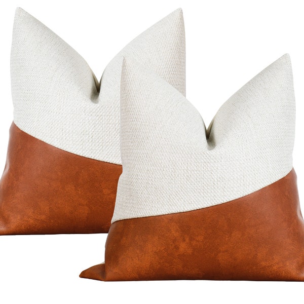 SET OF 2 | Faux Leather Colorblock Pillow Covers | White & Cognac Faux Leather Throw Pillow | Modern Minimalist Decor || Inserts Available