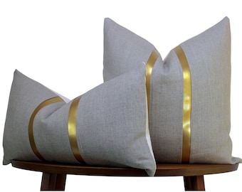 Natural Linen Pillow Cover | Natural Linen + Gold Faux Leather Stripes | Glam Decor ||| Lumbar Sizes + Inserts Available