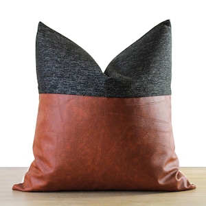Black & Leather Pillow Cover | Brown Faux Leather Colorblock | Rustic Throw Pillow ||| Square and Lumbar Sizes + Pillow Insert Available