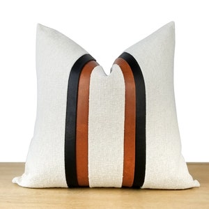 Textured White & Faux Leather Stripe Pillow Cover → White + Black and Cognac Brown | Modern Farmhouse Living Room Decor ||| + LUMBAR SIZES