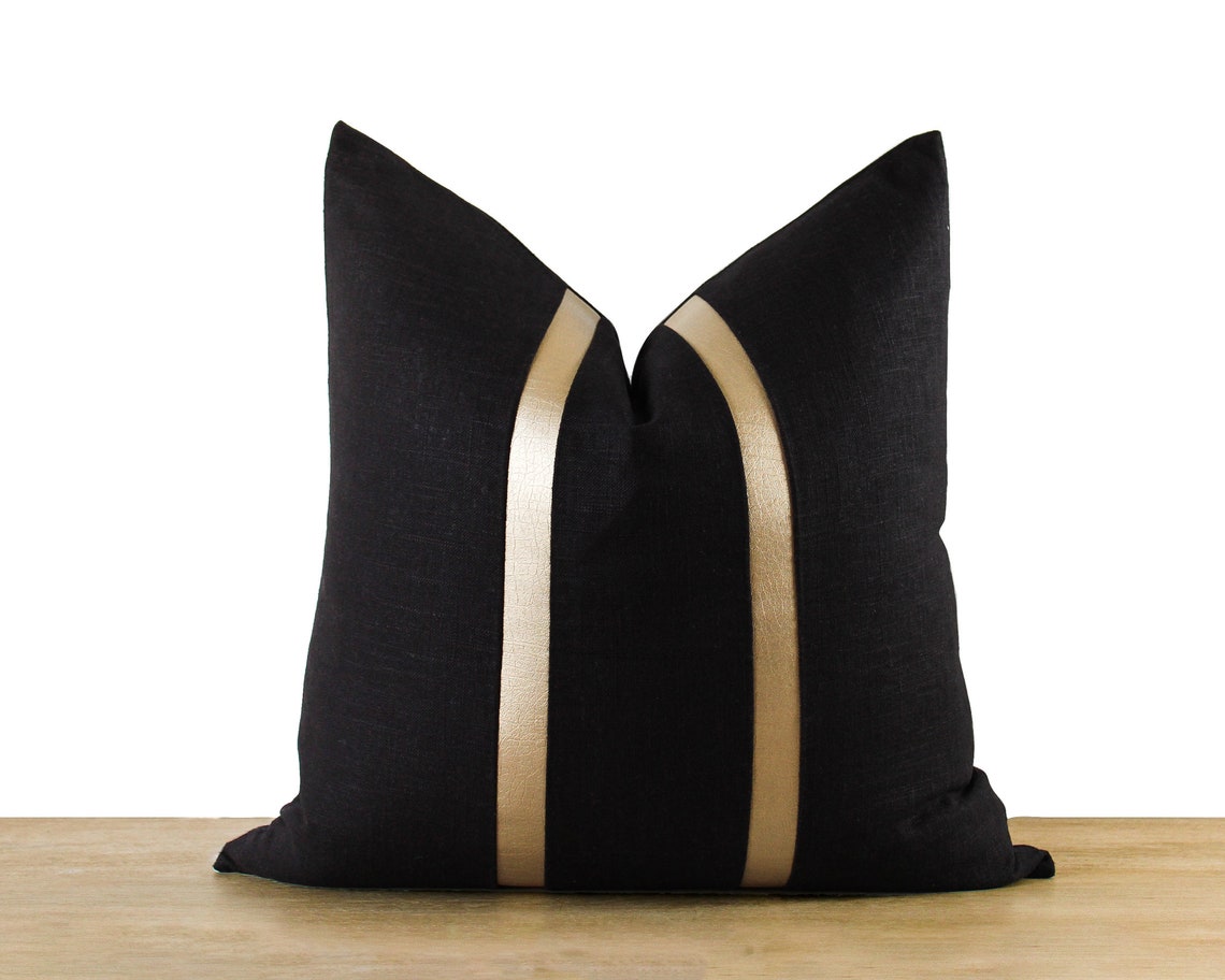Black White & Gold Pillow Cover Black and White Linen Etsy