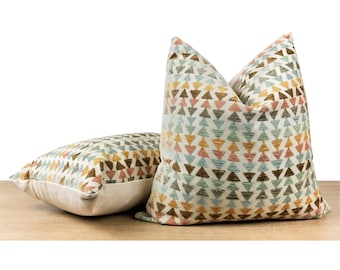 Retro Chenille Pillow Cover | Multicolor Triangle Pattern | Boho Room Decor 1960s/1970s Style || Lumbar Sizes + Feather Inserts Available