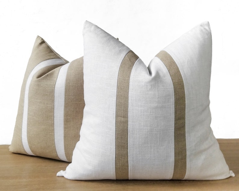 White & Beige Linen Pillow Cover Minimalist Linen Throw Pillow Striped Farmhouse Accent White Coastal Décor Inserts Available image 7