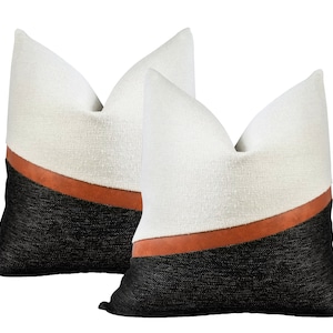 SET of 2  |  Modern Black and White Colorblock | Textured Pillow Covers with Cognac Faux Leather Accent ||| Lumar Sizes & Inserts Available
