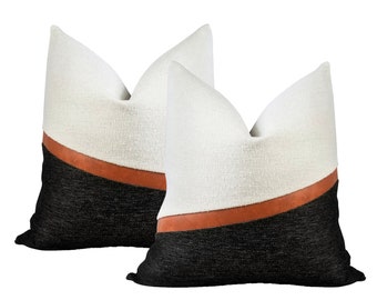 SET of 2  |  Modern Black and White Colorblock | Textured Pillow Covers with Cognac Faux Leather Accent ||| Lumar Sizes & Inserts Available