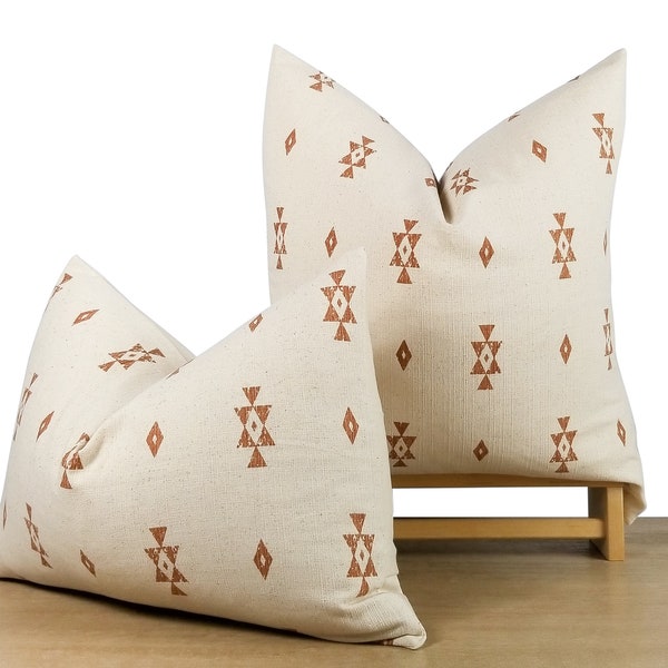 Cream & Sienna Tribal Print Pillow Cover | Rust Throw Pillow | Southwestern Boho || 20x20 Square | 14x20 Lumbar || Pillow Insert Available