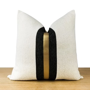 White, Black, & Gold Pillow Cover → Textured Throw Pillow with Muted Gold Faux Leather Stripe | Glam Black and White Décor || + LUMBAR SIZES