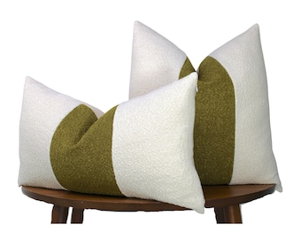 White & Olive Green Textured Boucle Pillow | Luxe Zara Tweed Boucle Fabric | Vintage-Inspired Design for Modern Elegance