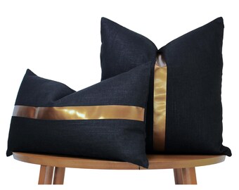 Black Linen Pillow Cover with Bronze Leather Stripe | Black & Bronze Decor  | Glam Decor ||| Square and Lumbar Sizes + Inserts Available