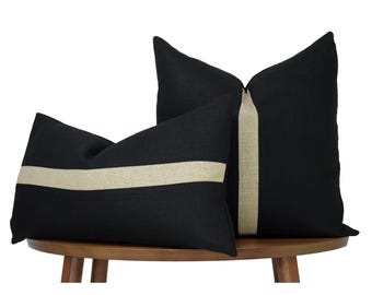 Black Linen Pillow Cover with Beige Linen Stripe | Minimalist Black Linen Pillow | Striped Farmhouse Accent|Coastal Décor| Inserts Available