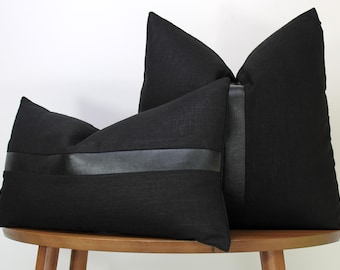 Black Linen Pillow Cover with Faux Leather Stripe | All Black Throw Pillow | Minimalist Decor || Square & Lumbar Sizes + Inserts Available