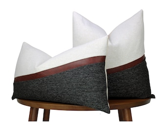 Modern Black & White Décor → White and Black Textured Throw Pillow + Muted cognac Faux Leather Accent | Pillow Cover |+ LUMBAR SIZES