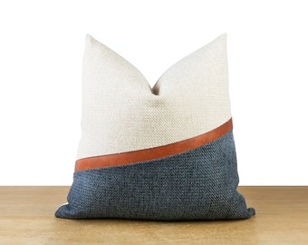 Modern Blue Colorblock → Navy Blue, White, and Cognac Faux Leather Pillow Cover | Nautical, Beach House, Lake House Décor ||| + LUMBAR SIZES