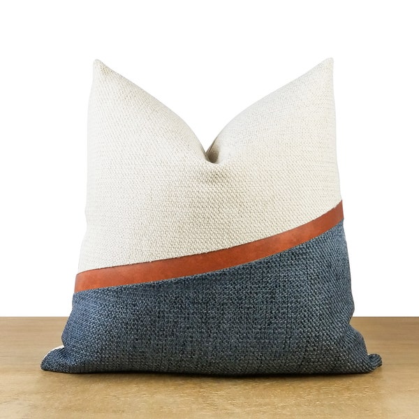 Modern Blue Colorblock → Navy Blue, White, and Cognac Faux Leather Pillow Cover | Nautical, Beach House, Lake House Décor ||| + LUMBAR SIZES