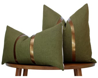 Olive Green Pillow Cover with Bronze Leather Stripes | Green Linen + Faux Leather Stripes | Glam Decor ||| Lumbar Sizes + Inserts Available