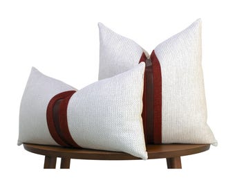 Modern Textured Pillow Cover | White & Red Throw Pillow  with Cognac Faux Leather Accent Stripe || Lumbar Sizes + Pillow Inserts Available