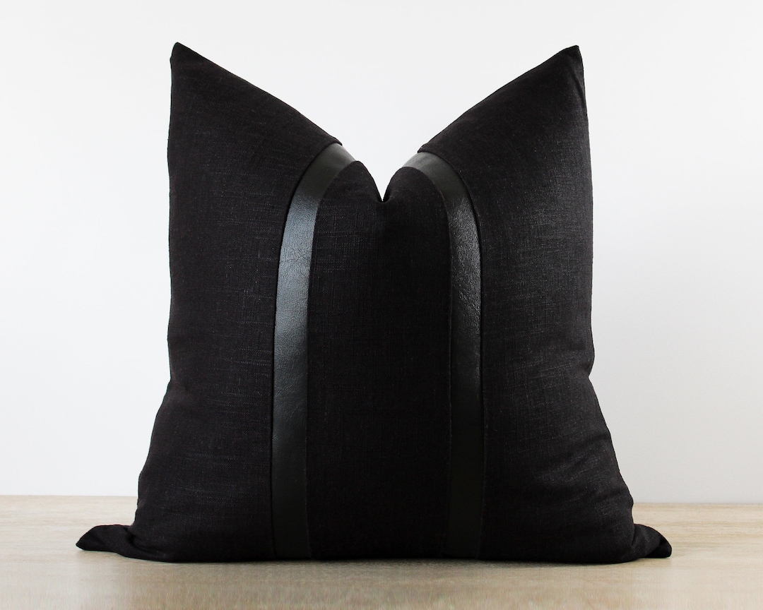 Black Linen Pillow Cover With Faux Leather Stripes All Black Throw
