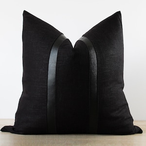 Black Linen Pillow Cover with Faux Leather Stripes | All Black Throw Pillow | Minimalist Decor || Square & Lumbar Sizes + Inserts Available