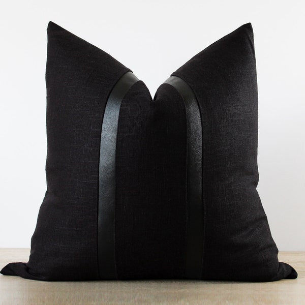 Black Linen Pillow Cover with Faux Leather Stripes | All Black Throw Pillow | Minimalist Decor || Square & Lumbar Sizes + Inserts Available