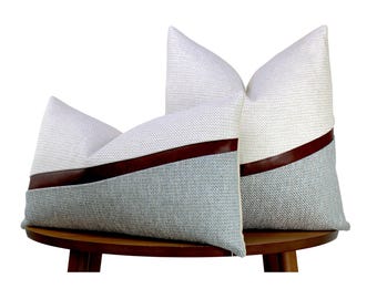 Modern Decor Throw Pillow → Mist Blue & White with Cognac Faux Leather | Blue Coastal Decor | Modern Minimalism | Lumbar Sizes Available