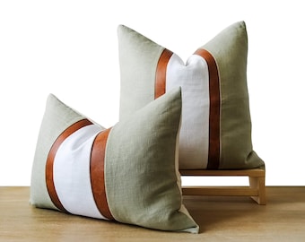 Sage Linen Pillow Cover with Faux Leather Stripes | Coastal Décor | Green Throw Pillow || Square & Lumbar Sizes + Pillow Inserts Available