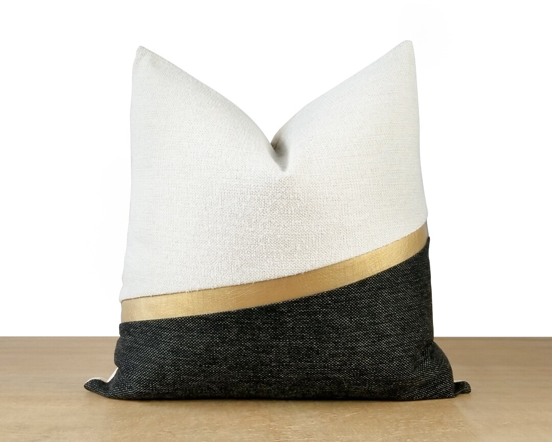 Modern Black & White Décor → White and Black Textured Throw Pillow + Muted Gold Faux Leather ...