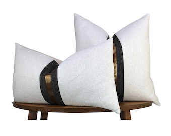 White, Black, & Bronze Pillow Cover → Textured Throw Pillow with Muted Bronze Faux Leather Stripe | Glam Black and White Décor ||