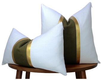 White & Olive Green Pillow Cover | White and Green Linen + Gold Faux Leather Stripes | Glam Decor ||| Lumbar Sizes + Inserts Available
