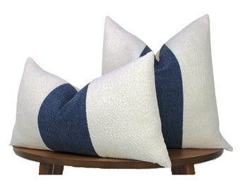 White & Navy Blue Textured Boucle Pillow | Luxe Zara Tweed Bouclé Fabric | Vintage-Inspired Design for Modern Elegance