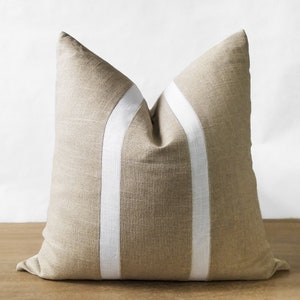 Beige & White Linen Pillow Cover | Minimalist Linen Throw Pillow | Striped Farmhouse Accent | Taupe Coastal Décor || Inserts Available