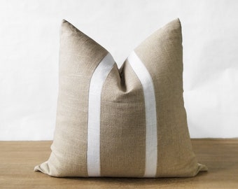 Beige & White Linen Pillow Cover | Minimalist Linen Throw Pillow | Striped Farmhouse Accent | Taupe Coastal Décor || Inserts Available