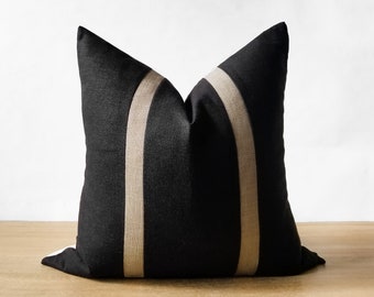 Black & Beige Linen Pillow Cover | Minimalist Black Linen Pillow | Striped Farmhouse Accent | Coastal Décor || Inserts Available