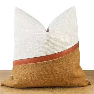 White & Yellow + Cognac Faux Leather | Textured Colorblock Pillow Cover | Yellow Decor | Modern Minimalist || Pillow Inserts Available