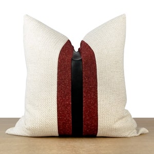 Modern Textured Pillow Cover | White & Red Throw Pillow  with Black Faux Leather Accent Stripe || Lumbar Sizes + Pillow Inserts Available