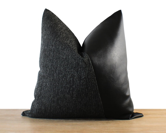 All Black Pillow Cover | Textured Throw Pillow + Black Faux Leather | Minimalist Style ||| Square & Lumbar Sizes +  Pillow Inserts Available